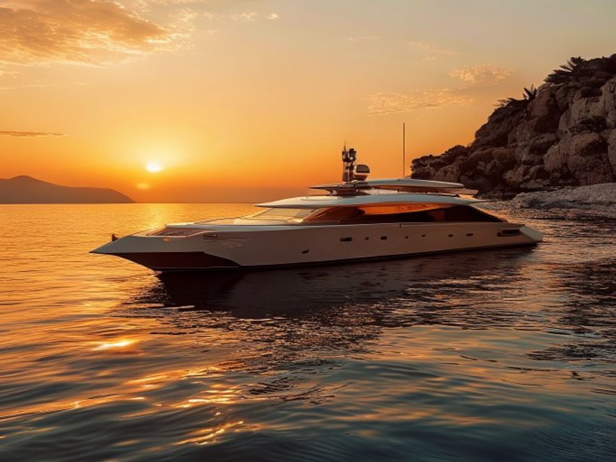 Ibiza sunset yacht charter on calm Mediterranean water