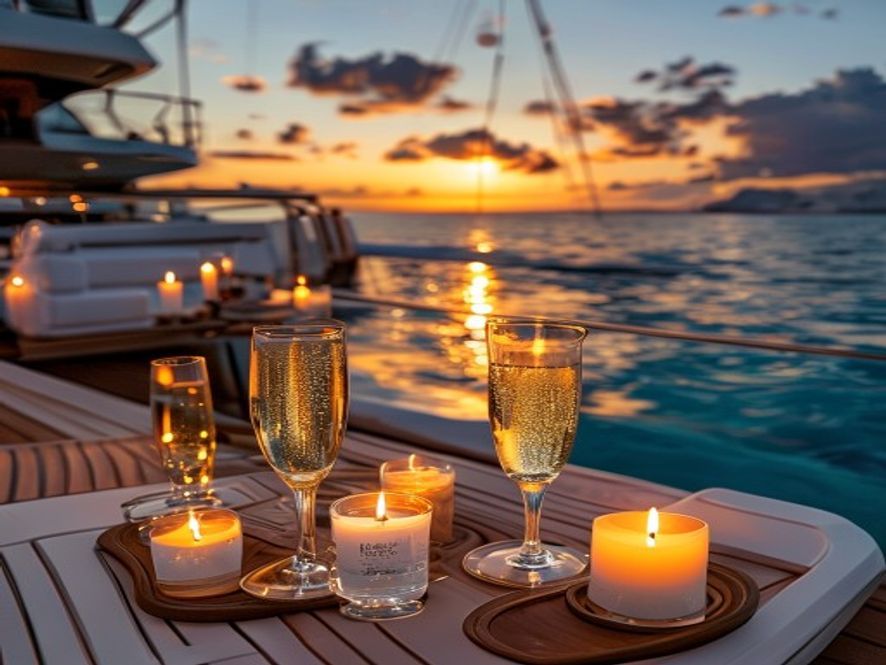 Romantic yacht charter deck prepared for sunset in the Balearic Islands