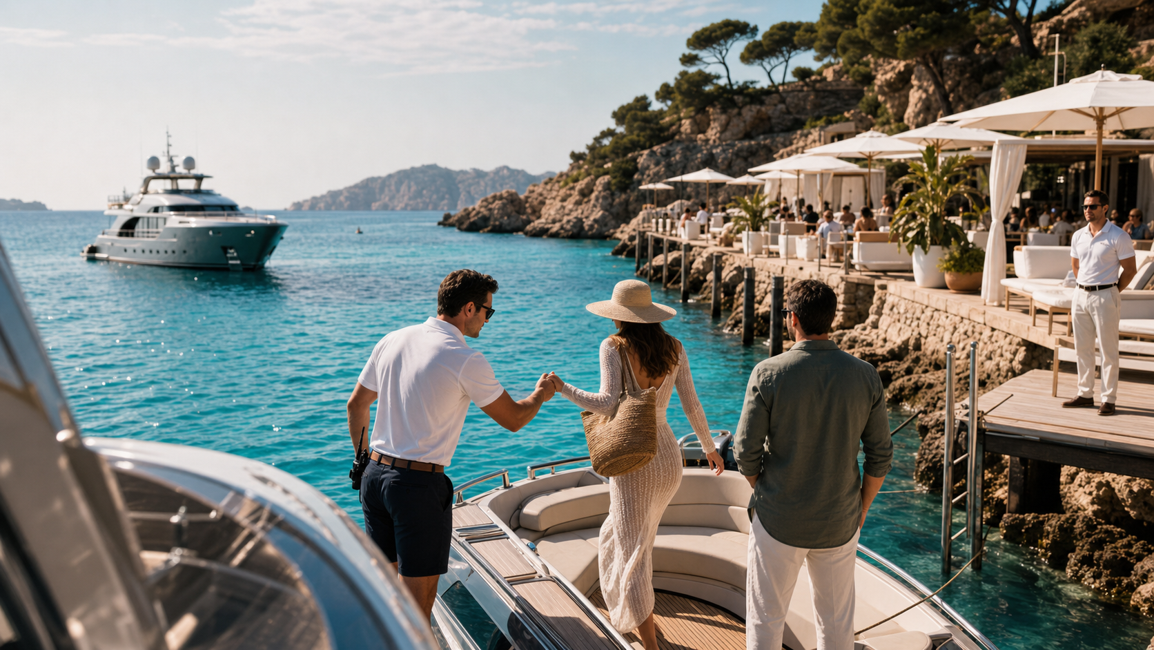 Yacht tender approaching an Ibiza beach club from the water